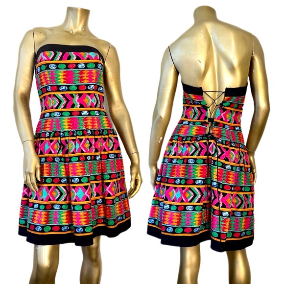 VINTAGE A.J. BARI BRIGHT MULTI-COLOR LACE-UP BACK STRAPLESS FIT & FLARE DRESS 6 - Picture 1 of 8